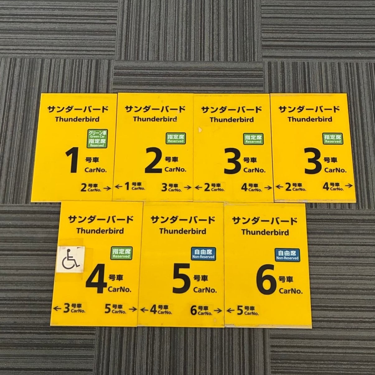 No.98乗車口案内札サンダーバード1~6号車(7枚セット)黄色
