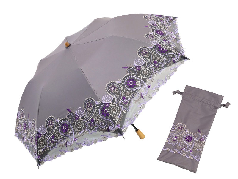 ペイズリー更紗刺繍 かわず張り晴雨兼用ショート折日傘　グレー 折日傘　グレー