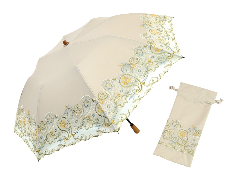 ペイズリー更紗刺繍 かわず張り晴雨兼用ショート折日傘 モカ 折日傘 モカ