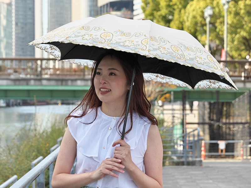 ペイズリー更紗刺繍 かわず張り晴雨兼用ショート折日傘 モカ 折日傘 モカ