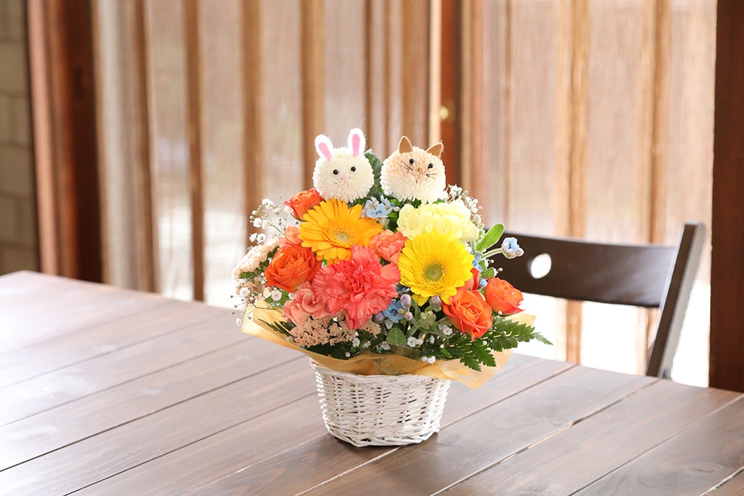 ハンドメイド　オーダー受付ページ　　♡わんことうさぎ　フラワーショップ　パネル♡ アニマルフラワーMサイズ（うさぎ・わんこカラフル系）(Mサイズ