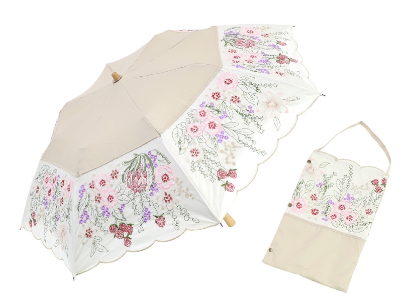 花鳥刺繍 2重張りミニ折りたたみ晴雨兼用日傘 ホワイト(晴雨兼用日傘