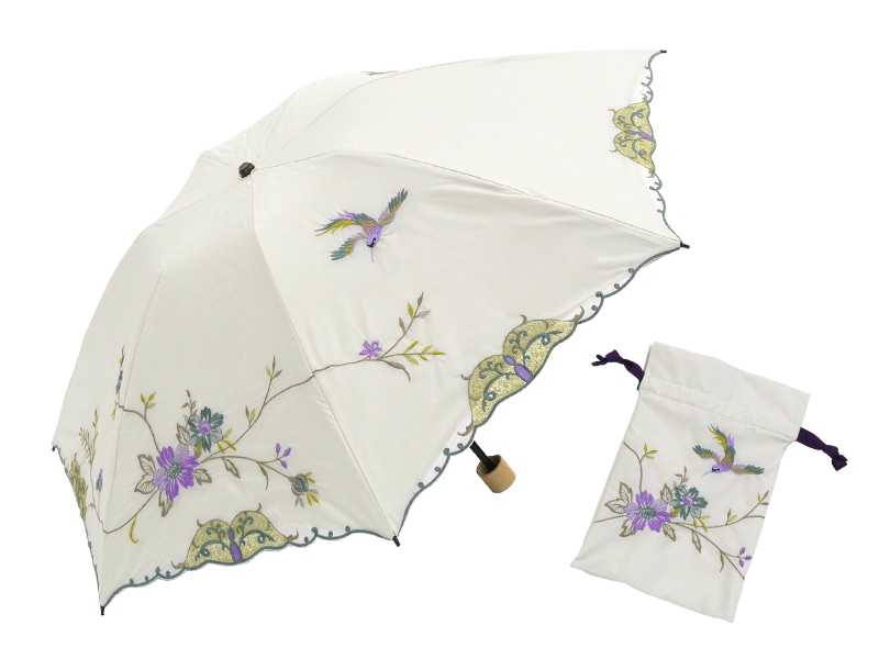 花鳥刺繍　2重張りミニ折りたたみ晴雨兼用日傘　ホワイト
