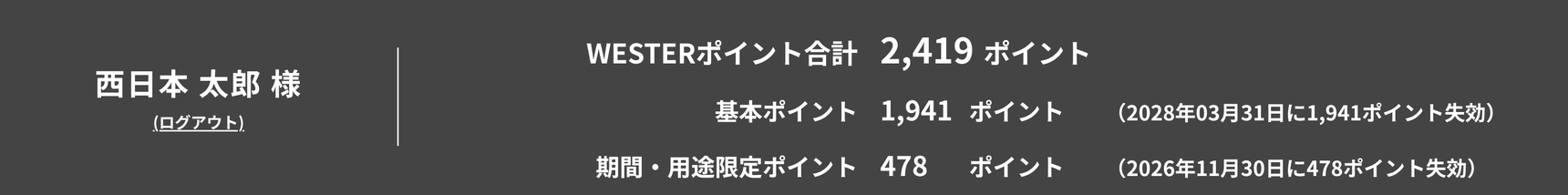 マイページのWESTERポイント表示（基本ポイント・期間・用途限定ポイントそれぞれの失効日と失効ポイント数）